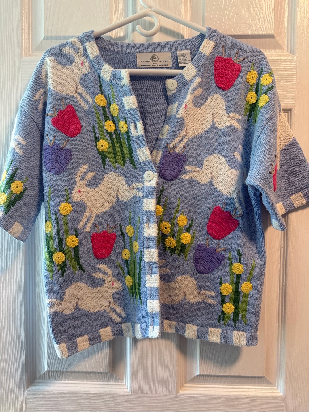 Vintage 90s Light Blue Bunny & Floral Knit Cardigan